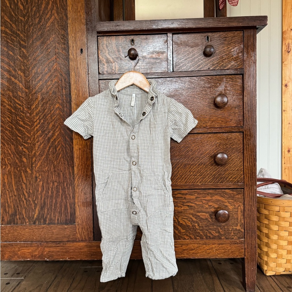 Rylee + Cru Gingham Baby Romper in Gray and Cream